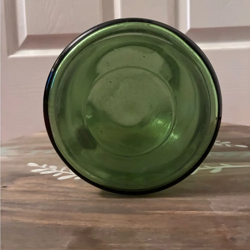 Vintage MCM Avocado Green Glass Pitcher with Ice Lip, 9.5” tall